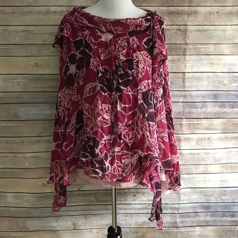 Odille Top Women 4 Pink Floral Blouse Silk Poncho Boat Neck Lightweight Pullover